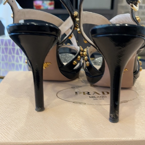 Prada Black Leather Gold Studded Heels - Picture 4 of 6